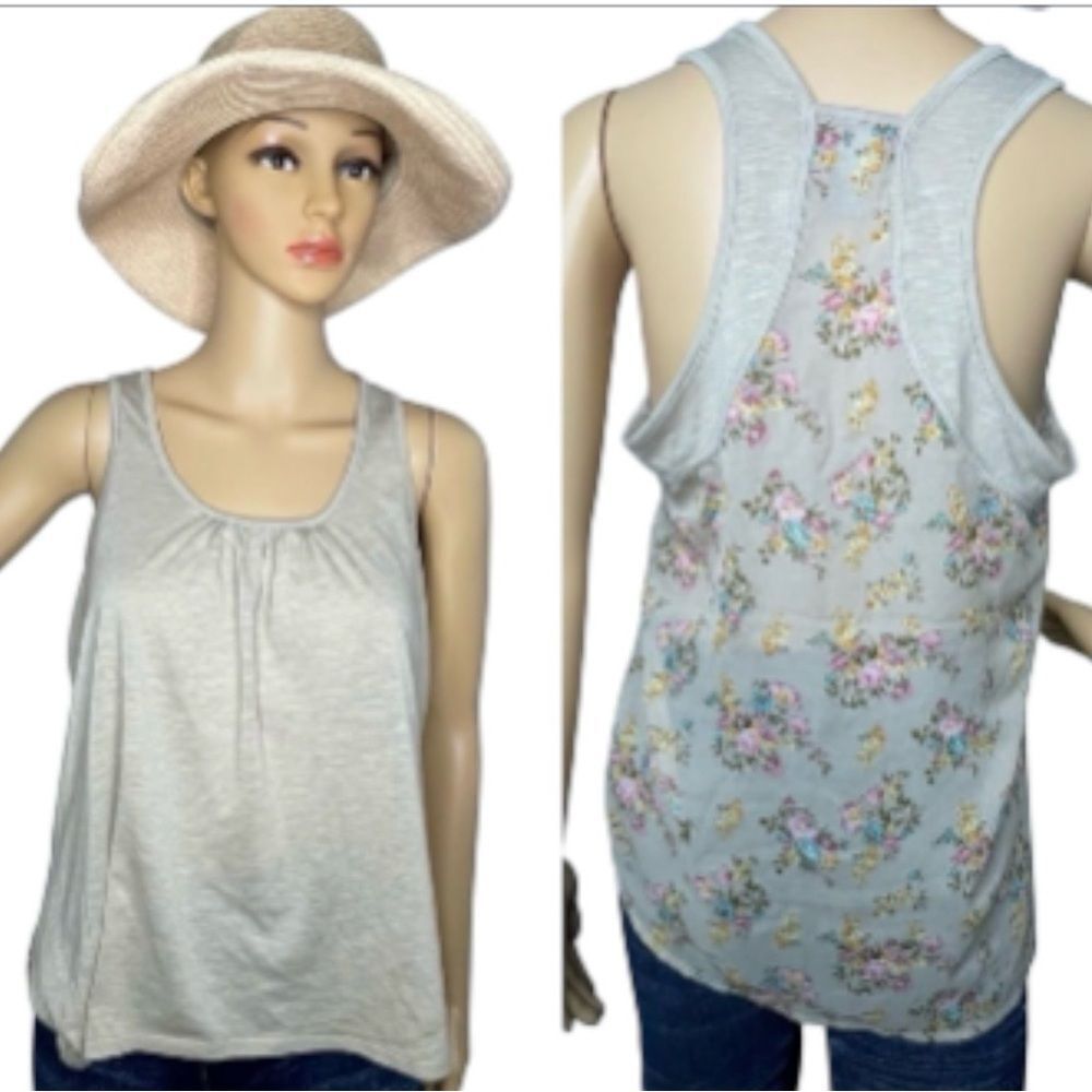 Weavers Sleeveless Scoop Neck Racerback Shirt Floral Detail on Back Beige Medium
